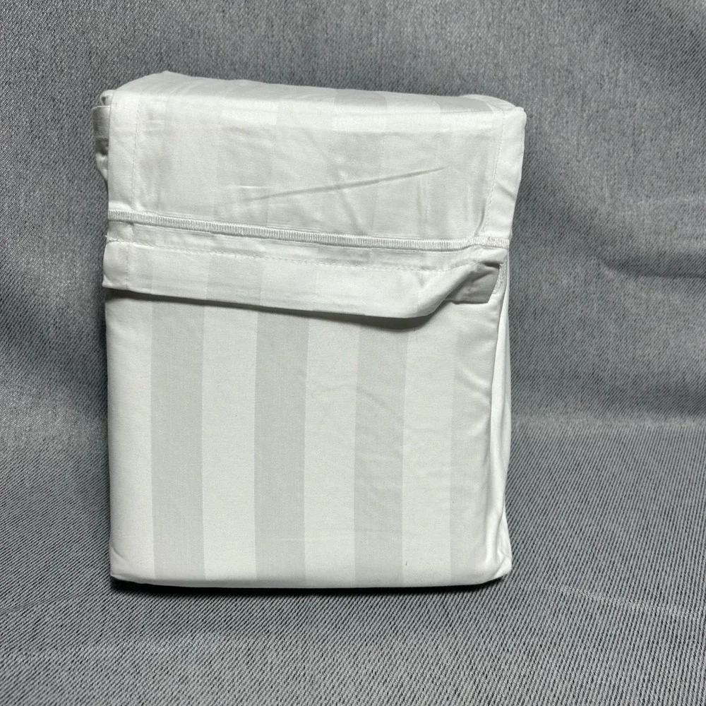 Queen Damask 800 TC Hotel Collection White Hem Threshold Stripe Sheet Set 4pc